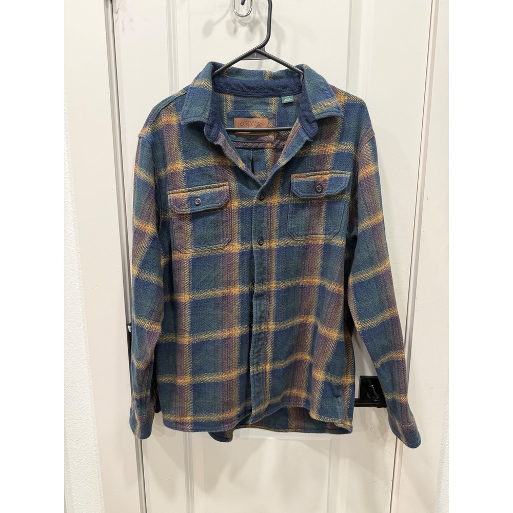 Orvis Mens Plaid Flannel Button Down Shirt Blue Green Orange Large Fleece Collar